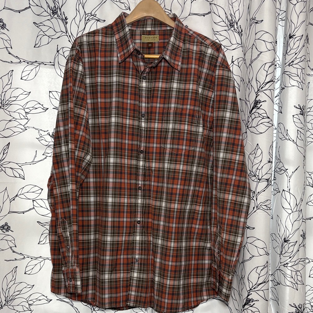 Sonoma Men's Casual Plaid Shirt - Orange, Brown, and White